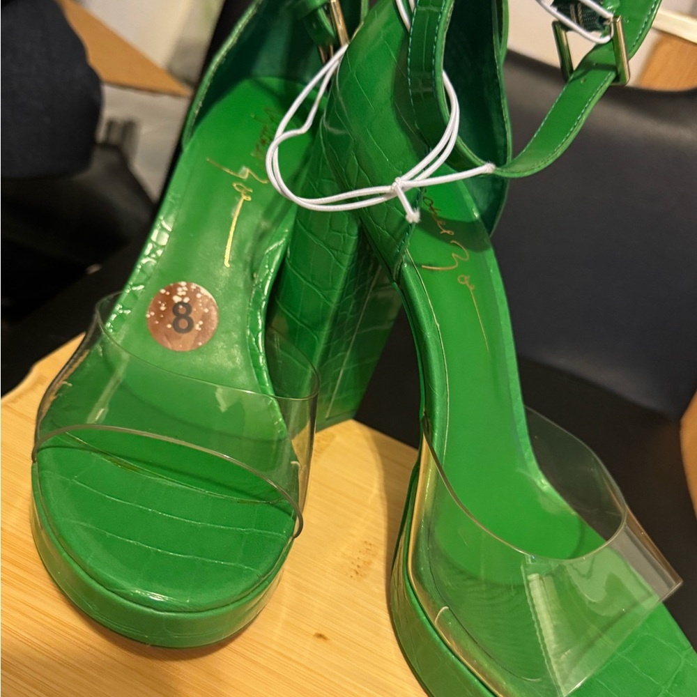 Green Platform Block Heel /Clear Strap size 8